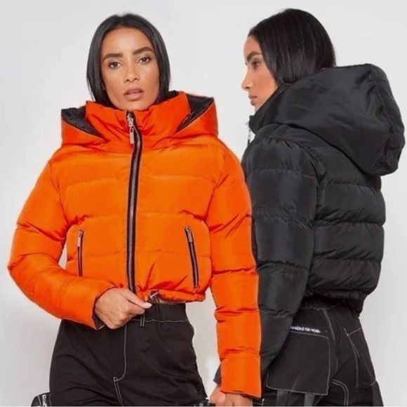 Maniere De Voir Jackets & Blazers - Maniere De Voir Reversible Bomber Jacket With Removable Hoodie Black Orange